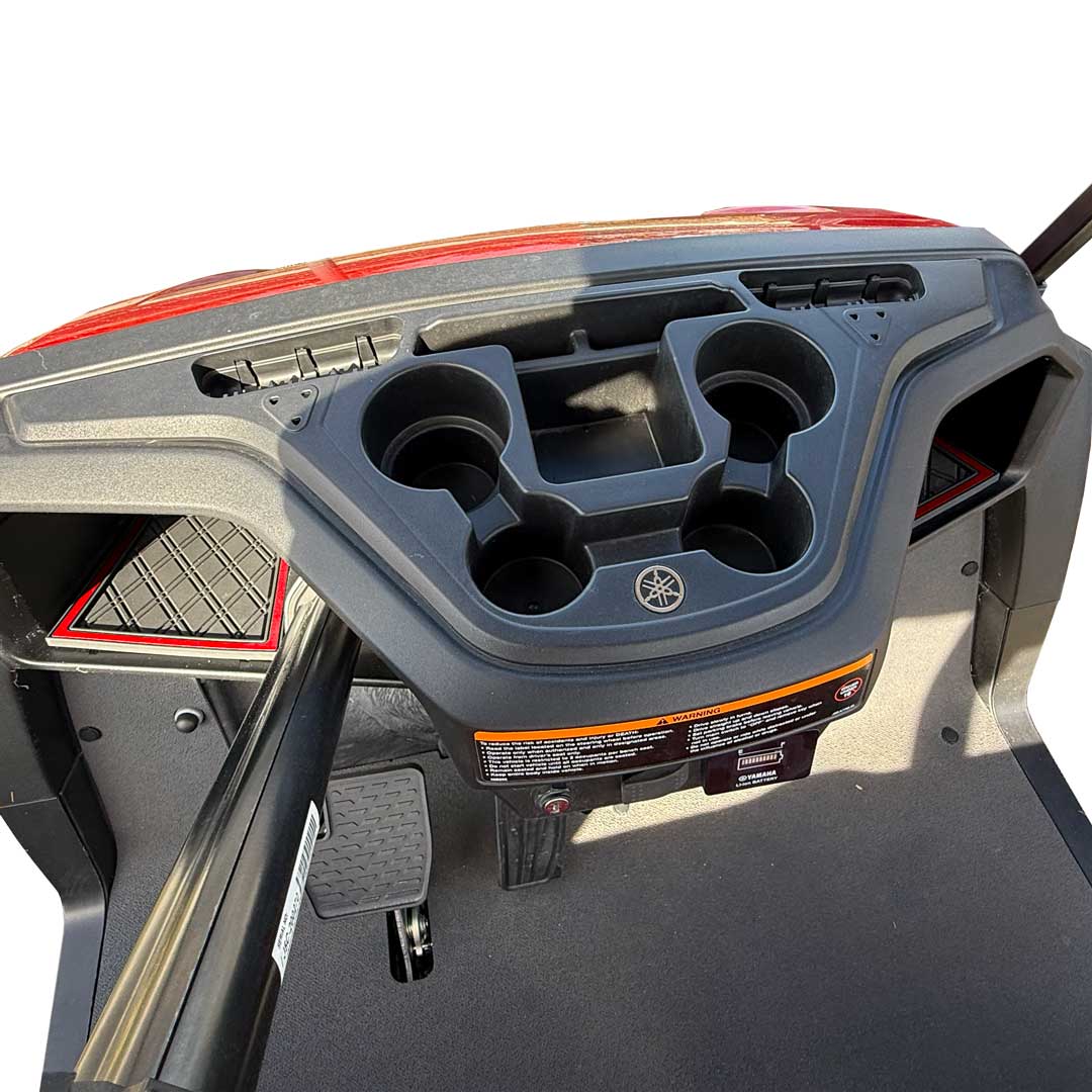 DASH-0102-CF red trim yamaha drive2 golf cart dash mat black diamond design with red trim coverage 