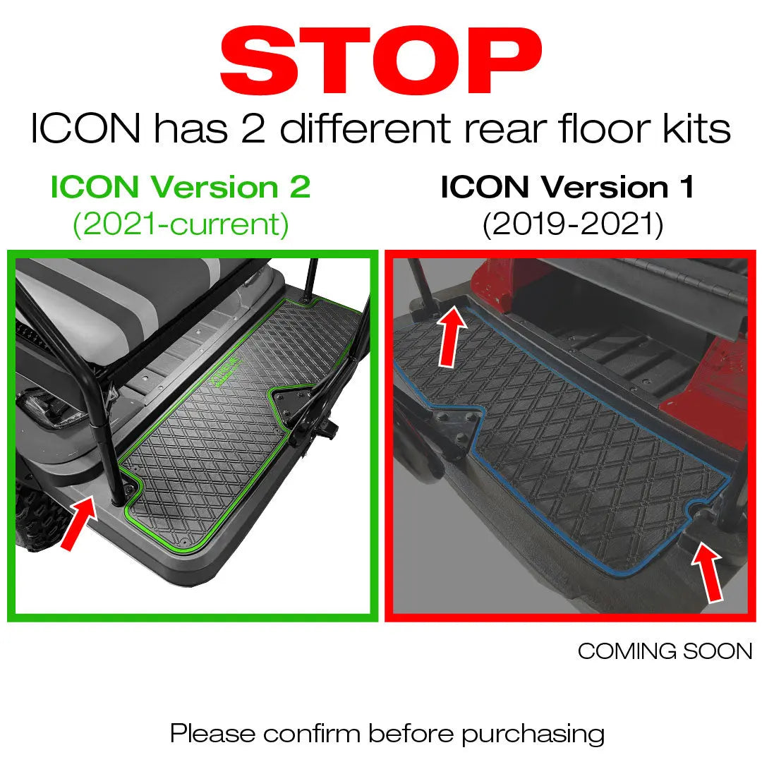 The Xtreme Mats PRO Series Rear Facing Foot Rest for the ICON Version 2 model. #trim-color_red-trim