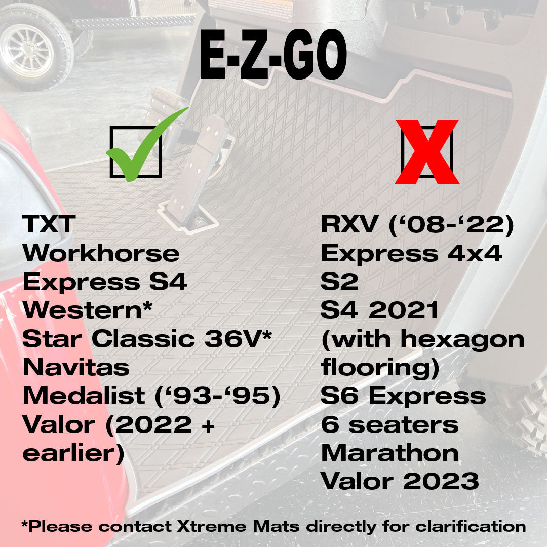 E-Z-GO TXT golf cart floor mat black diamond design with red trim full coverage- E-Z-GO TXT Floor Mats - Fits All TXT Trims (1996+)/S2 (2020 & earlier) / Workhorse/Express S4 (2020 & earlier)/Valor (2022 & earlier)/Medalist 1993-1995/Cushman/TXT Style Navitas Frame #trim-color_red-trim