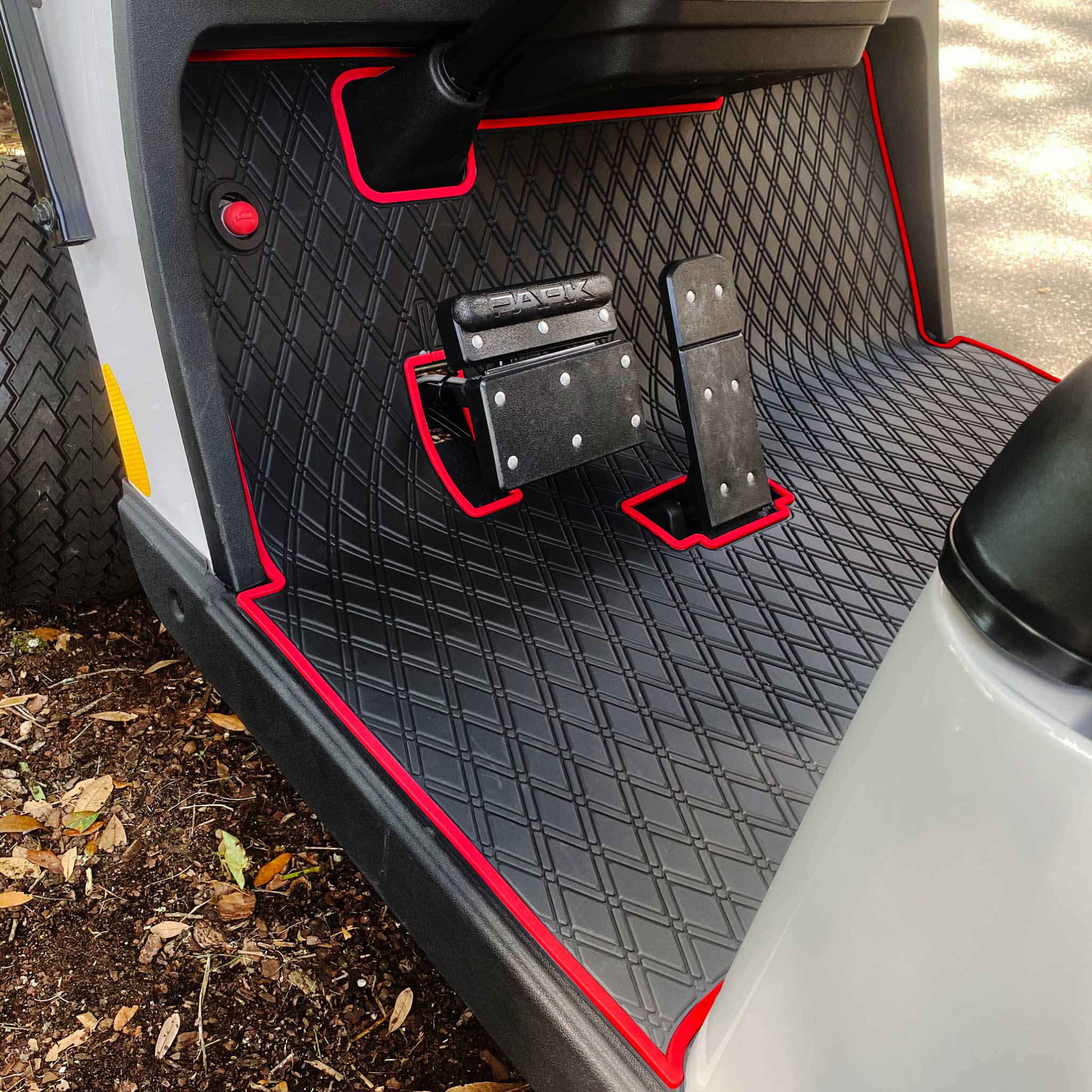 E-Z-GO TXT golf cart floor mat black diamond design with red trim full coverage- E-Z-GO TXT Floor Mats - Fits All TXT Trims (1996+)/S2 (2020 & earlier) / Workhorse/Express S4 (2020 & earlier)/Valor (2022 & earlier)/Medalist 1993-1995/Cushman/TXT Style Navitas Frame 