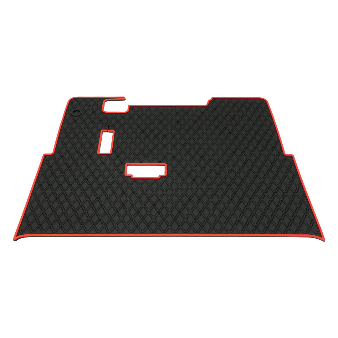 E-Z-GO TXT golf cart floor mat black diamond design with red trim full coverage- E-Z-GO TXT Floor Mats - Fits All TXT Trims (1996+)/S2 (2020 & earlier) / Workhorse/Express S4 (2020 & earlier)/Valor (2022 & earlier)/Medalist 1993-1995/Cushman/TXT Style Navitas Frame 