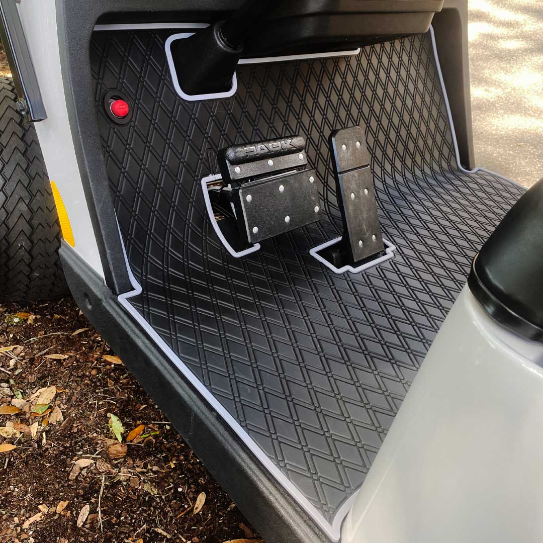 E-Z-GO golf cart floor mat black diamond design with grey trim full coverage- E-Z-GO TXT Floor Mats - Fits All TXT Trims (1996+)/S2 (2020 & earlier) / Workhorse/Express S4 (2020 & earlier)/Valor (2022 & earlier)/Medalist 1993-1995/Cushman/TXT Style Navitas Frame 