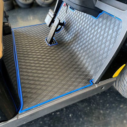 E-Z-GO TXT golf cart floor mat black diamond design with blue trim full coverage- E-Z-GO TXT Floor Mats - Fits All TXT Trims (1996+)/S2 (2020 & earlier) / Workhorse/Express S4 (2020 & earlier)/Valor (2022 & earlier)/Medalist 1993-1995/Cushman/TXT Style Navitas Frame 