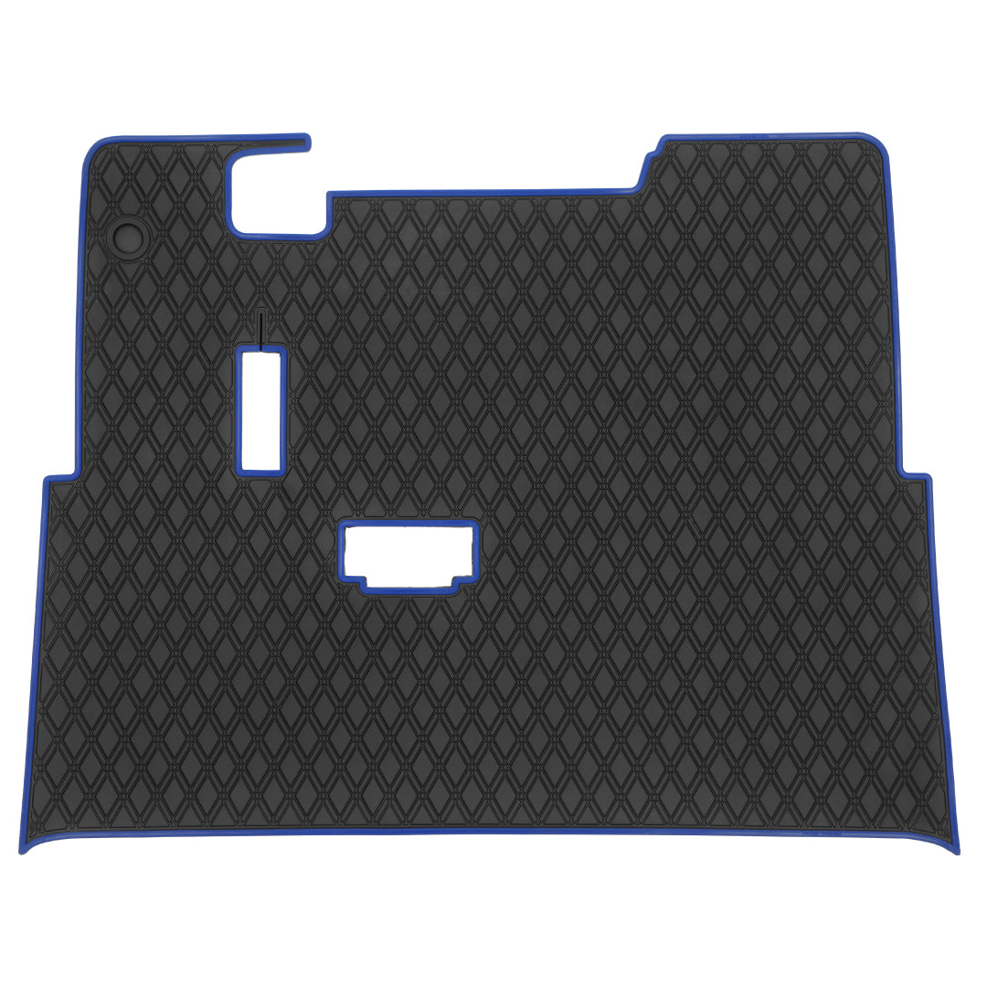 E-Z-GO TXT golf cart floor mat black diamond design with blue trim full coverage- E-Z-GO TXT Floor Mats - Fits All TXT Trims (1996+)/S2 (2020 & earlier) / Workhorse/Express S4 (2020 & earlier)/Valor (2022 & earlier)/Medalist 1993-1995/Cushman/TXT Style Navitas Frame 