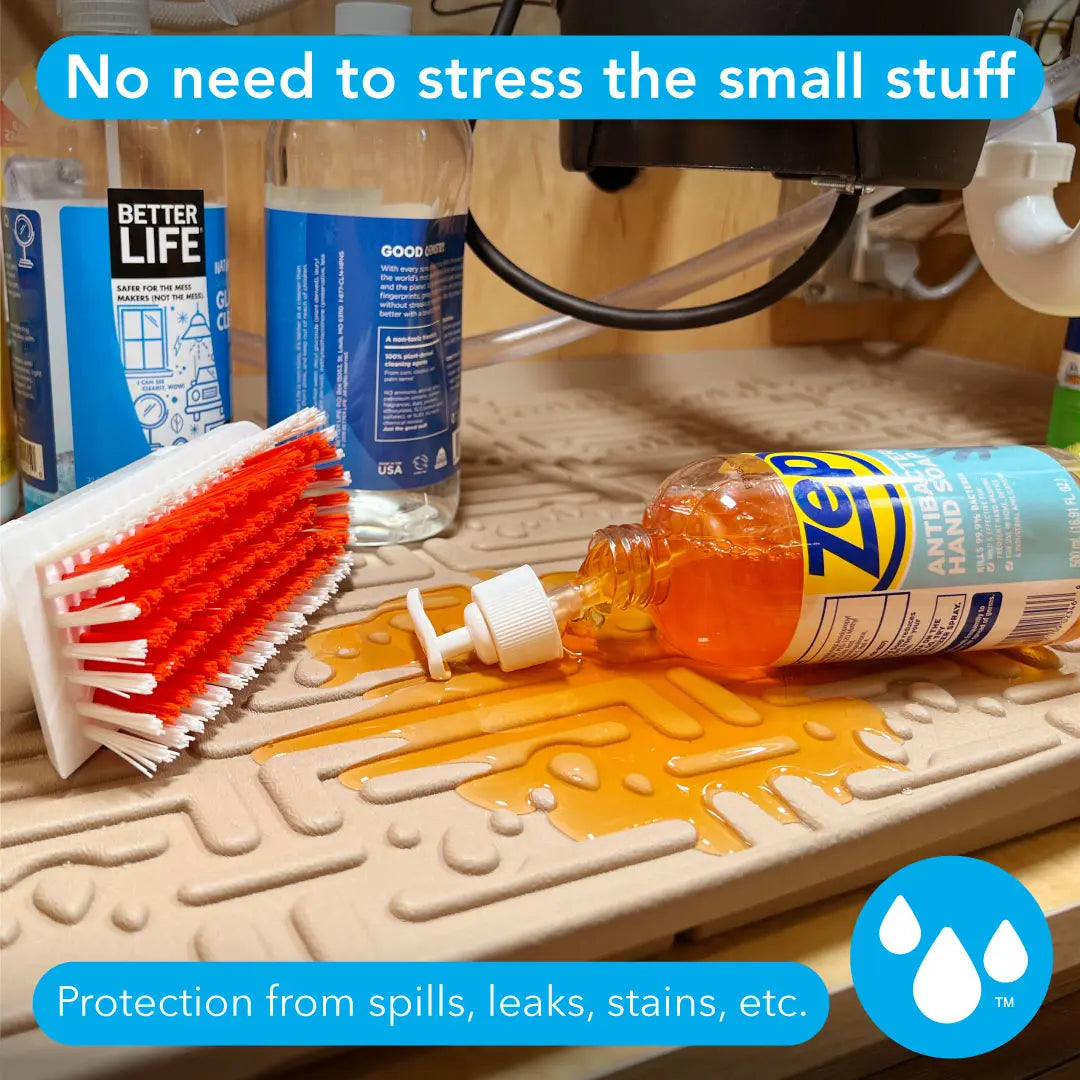 Under Sink Cabinet Mats & Liners for the Kitchen, Bath, and Laundry Cabinets protect from spills, leaks, stains, damages 