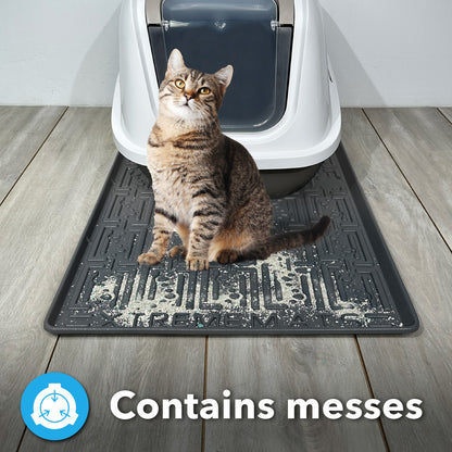 Versatile pet mat tray designed to keep feeding areas, litter boxes, and crates clean. Features raised edges to trap spills and a waterproof surface