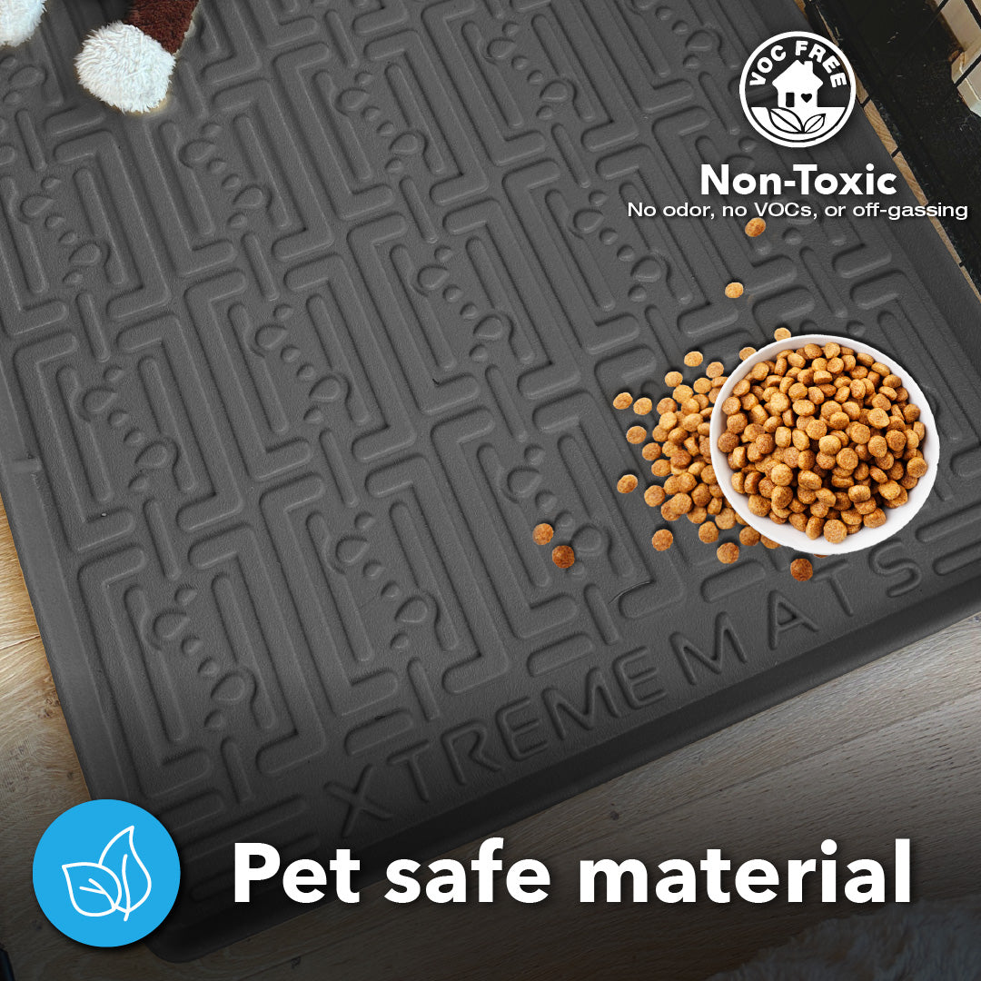 Pet-safe mat tray designed to contain spills and protect floors. Raised edges and waterproof surface make it perfect for food bowls, litter boxes, and crates.