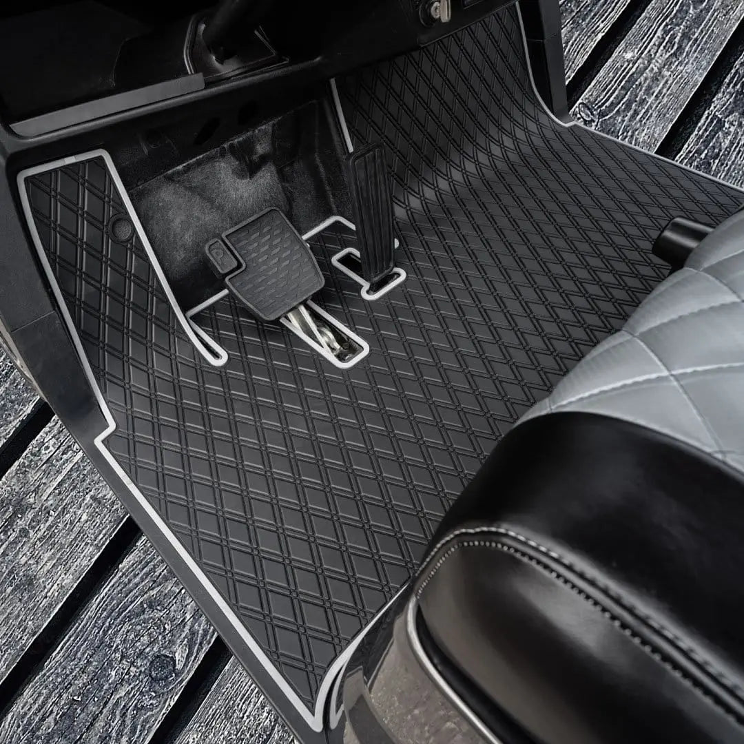 Grey trim yamaha golf cart floor mat black diamond design with grey trim coverage 