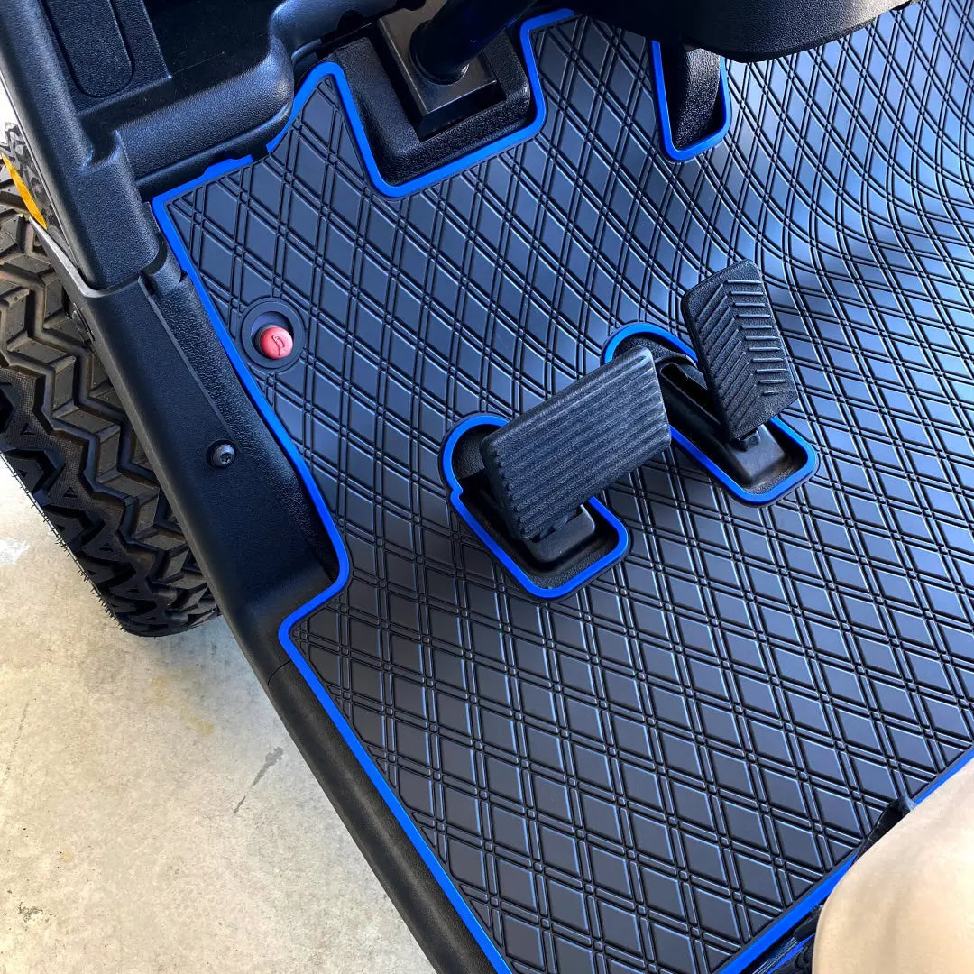 Blue Trim - E-Z-GO golf cart floor mat black diamond design with red trim full coverage 