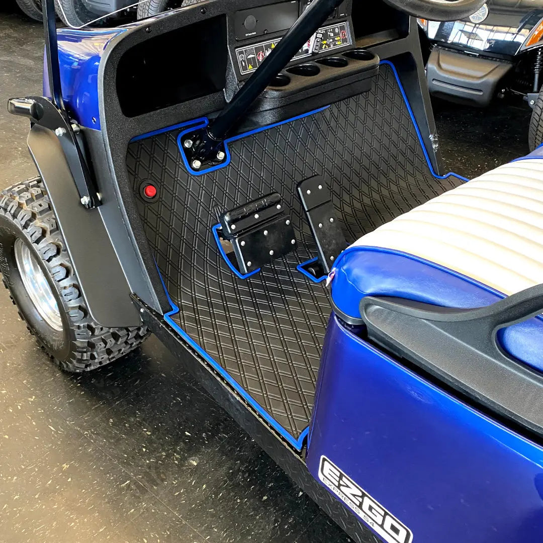 E-Z-GO TXT golf cart floor mat black diamond design with blue trim full coverage- E-Z-GO TXT Floor Mats - Fits All TXT Trims (1996+)/S2 (2020 & earlier) / Workhorse/Express S4 (2020 & earlier)/Valor (2022 & earlier)/Medalist 1993-1995/Cushman/TXT Style Navitas Frame 