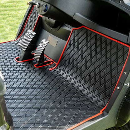 ICON and Advanced EV golf cart floor mat black diamond design with red trim coverage 