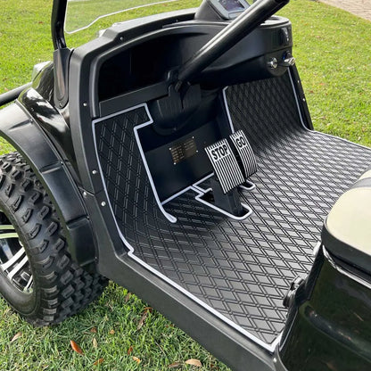 ICON and Advanced EV golf cart floor mat black diamond design with grey trim coverage 