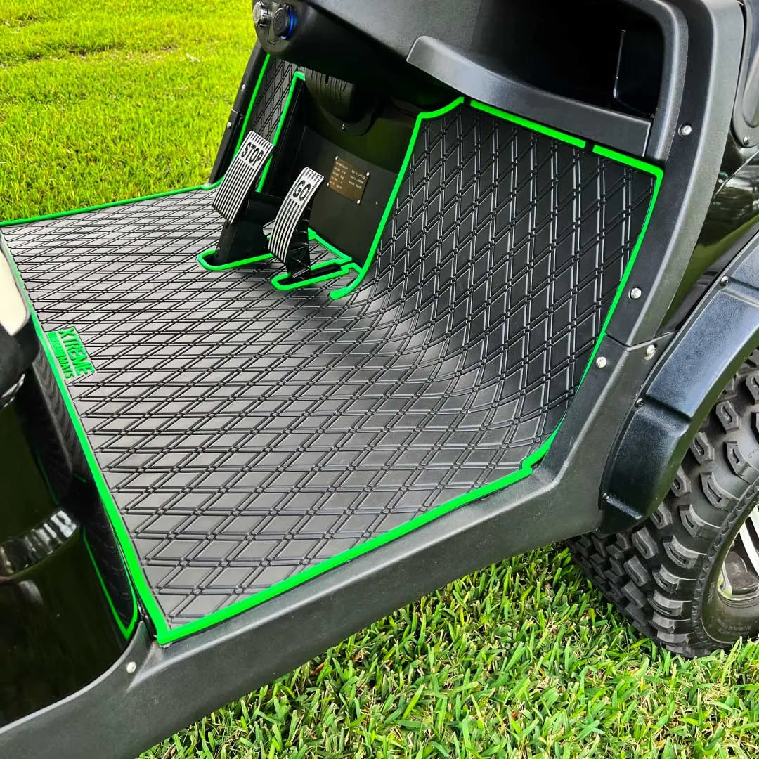 ICON and Advanced EV golf cart floor mat black diamond design with green trim full coverage 