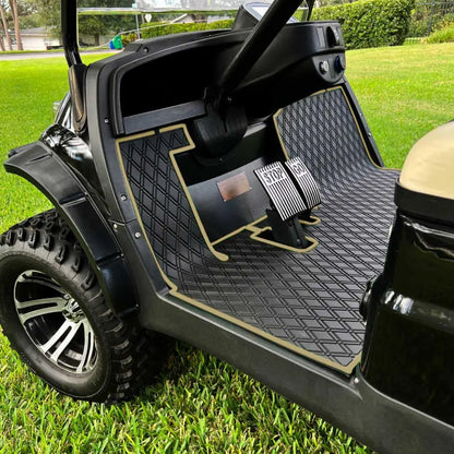 ICON and Advanced EV golf cart floor mat black diamond design with beige trim full coverage 